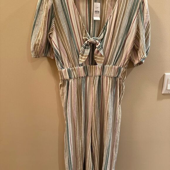 Loft Beach Striped Tie Front Wide Leg Jumpsuit Puff Sleeve Small - Picture 2 of 6